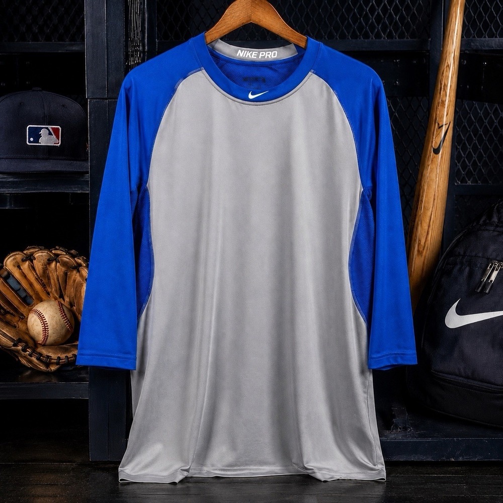 Nike Pro HyperCool MLB Dri Fit Compression 3/4 Sleeve Shirt Blue Gray L